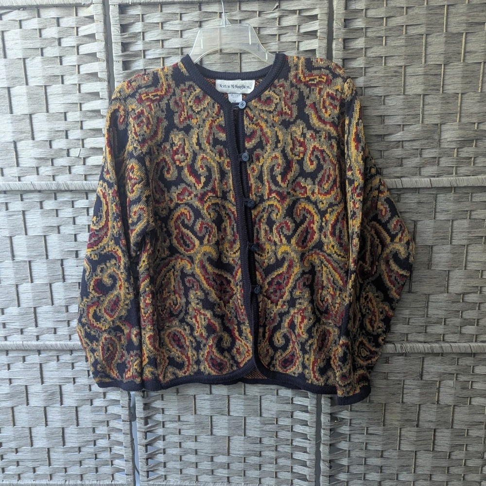 Vtg 90s Norton McNaughton Cardigan Multicolor Paisley Knit Sz M Dark Academia